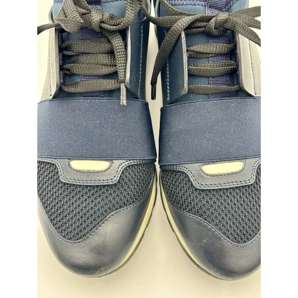 Authentic Balenciaga Race Runner Sneakers Navy Blue Black Elastic Size 8 38